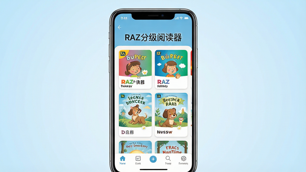 一张展示RAZ分级阅读器手机端主界面的写实风格预览图,画面中央竖放一部智能手机,屏幕内显示RAZ分级阅读器的首页布局,顶部是“RAZ分级阅读器”文字标题,中部排列着分级阅读卡片和绘本封面缩略图,底部有导航按钮,背景为柔和的浅蓝色渐变,光线明亮均匀,风格简洁现代,细节清晰,画质干净,无多余元素