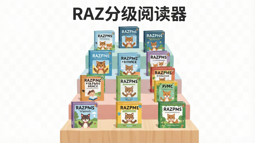 一张展示RAZ分级阅读器分级体系的示意图,画面采用纵向阶梯式布局,每一级台阶上放置不同颜色的绘本封面,台阶从下到上逐渐升高,顶部标注“RAZ分级阅读器”文字,整体风格扁平化插画,色彩柔和,细节清晰,画质干净,无多余元素