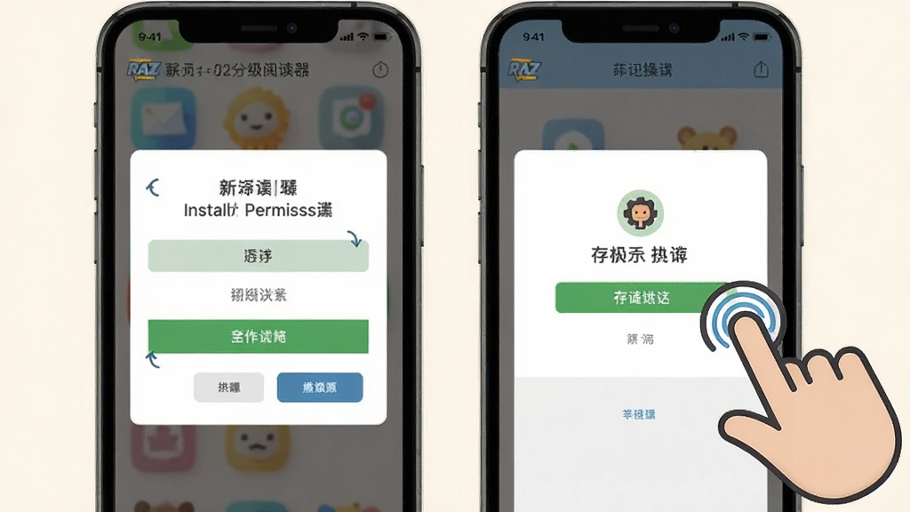 一张展示RAZ分级阅读器新手操作步骤的示意图,画面中手机屏幕显示安装权限设置和存储授权界面,旁边有手指点击的图标,背景为浅色,风格简洁,细节清晰,画质干净,无多余元素