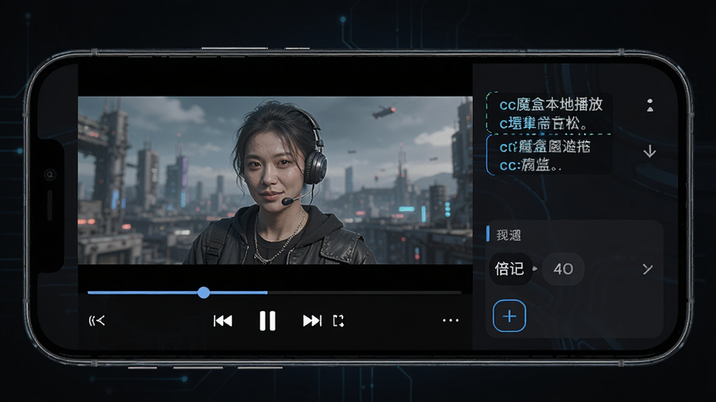 cc魔盒本地播放功能示意图,画面中手机横屏显示视频播放界面,底部有进度条和播放控制按钮,画面右侧有字幕和倍速选项,风格科技感,配色以深色为主,高清画质