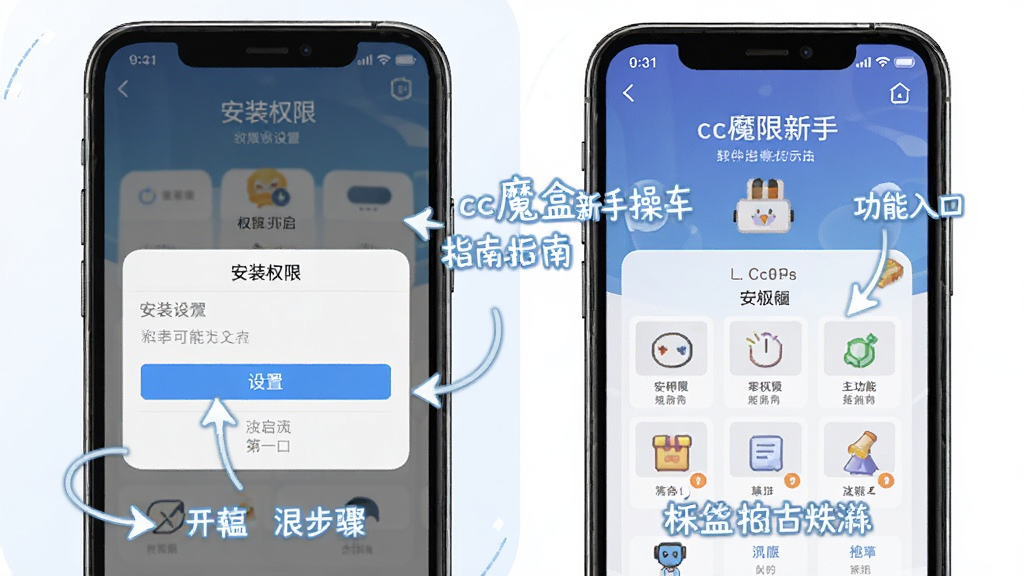 cc魔盒新手操作指南示意图,画面中手机屏幕显示安装权限设置界面和软件主界面并列展示,标注了权限开启步骤和功能入口,风格教程类,配色清晰,高清画质