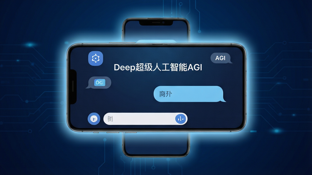 主体为一部安卓智能手机悬浮在深蓝色科技感背景中央,屏幕内显示“Deep超级人工智能AGI”的对话界面,布局采用居中构图,上方为软件名称标题,下方为输入框与回答气泡;排版简洁清晰,风格为现代科技感与扁平化结合,细节包含淡蓝色光晕、圆角图标、细微网格纹理;画质高清干净,无多余元素。