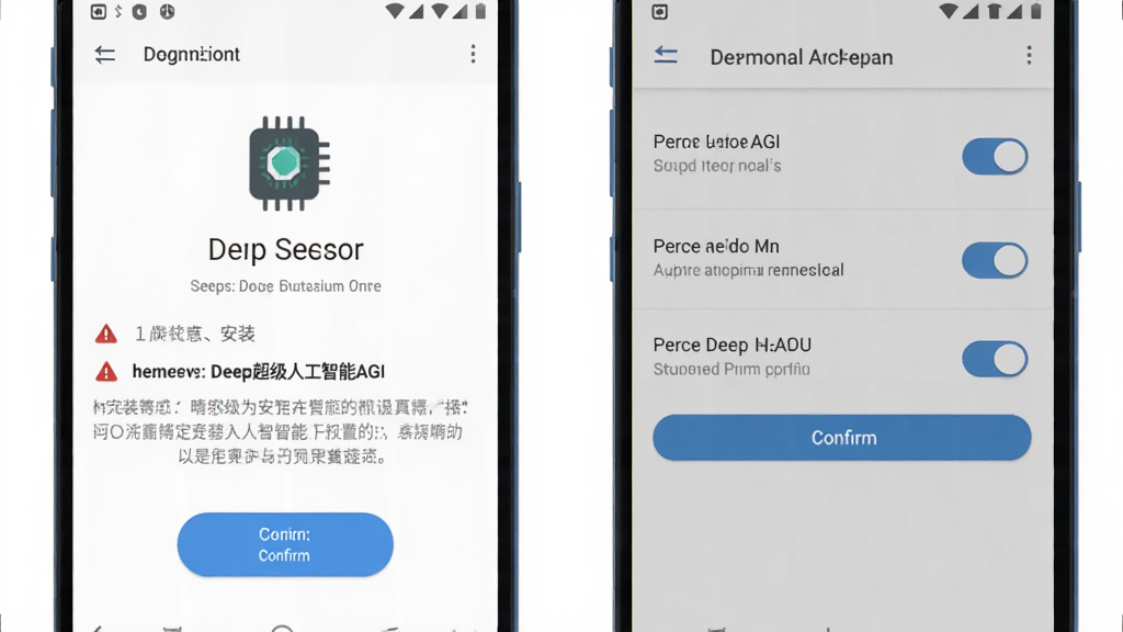 主体为安卓手机屏幕显示“Deep超级人工智能AGI”安装界面与权限设置页面,布局为左右分屏对比,左侧为安装提示,右侧为权限开关;风格为扁平化UI示意图,细节包含红色警示标识、蓝色确认按钮、灰色说明文字;画质清晰干净,无多余元素。