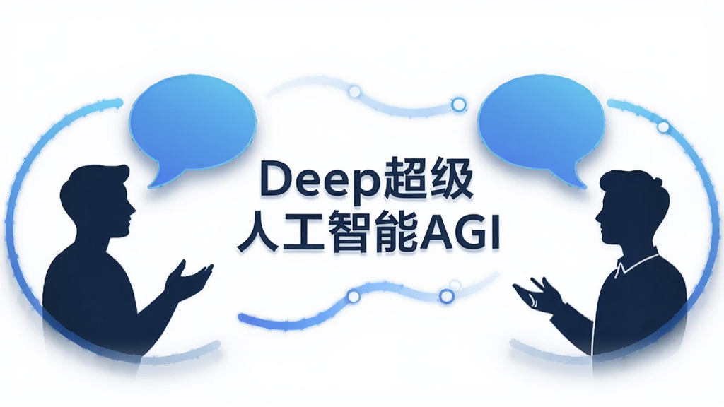 主体为两个人物剪影在对话气泡两侧,中间是“Deep超级人工智能AGI”文字标识,布局为左右对称式,排版强调对话流动感;风格为简约插画风,细节包含渐变蓝色气泡、连接线、柔和阴影;画质清晰干净,无多余元素。