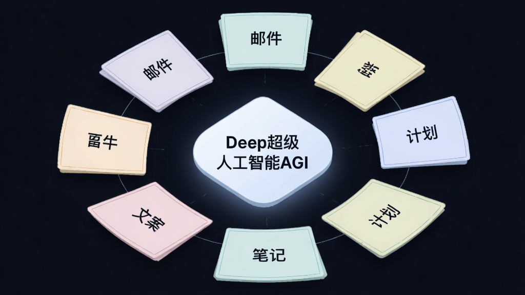 主体为多个悬浮卡片围绕“Deep超级人工智能AGI”核心图标旋转,卡片上分别标注“文案”“邮件”“笔记”“计划”等字样,布局为环形放射状;风格为轻科技扁平风,细节包含淡色卡片、细边框、柔和投影;画质高清干净,无多余元素。