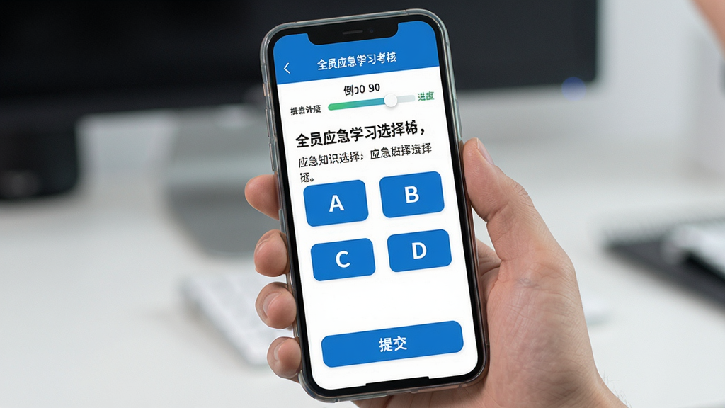全员应急学习考核界面,手机屏幕显示在线答题页面,题目内容涉及应急知识选择题,选项为A、B、C、D四个按钮,顶部有倒计时和进度提示,底部有提交按钮,界面风格简洁,蓝白配色,画质清晰,干净无多余元素