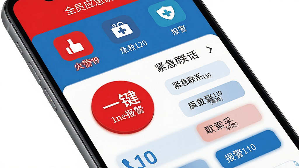 全员应急紧急求助功能界面,手机屏幕显示一键报警按钮和紧急联系电话列表,包含火警119、急救120、报警110等图标,界面醒目,红色与蓝色搭配,按钮大而清晰,排版简洁,画质高清,干净无多余元素