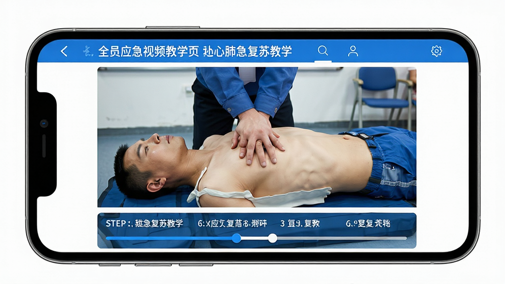 全员应急视频教学页面,手机屏幕横版播放器正在播放心肺复苏教学视频,画面中有真人演示胸外按压动作,下方有步骤文字说明和进度条,界面简洁,蓝白配色,画质清晰,干净无多余元素