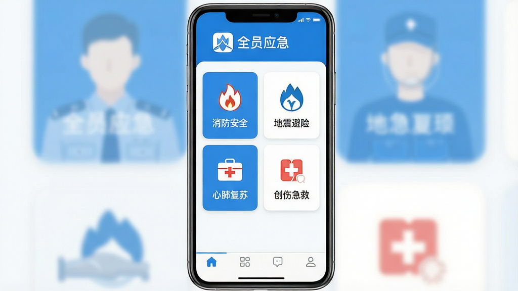 全员应急软件主界面截图,手机屏幕竖版展示,界面顶部显示“全员应急”应用名称和logo图标,中部为功能模块卡片式布局,包含消防安全、地震避险、心肺复苏、创伤急救等图标入口,底部为导航栏,整体风格简洁清爽,蓝色与白色为主色调,扁平化设计风格,画质清晰,干净无多余元素