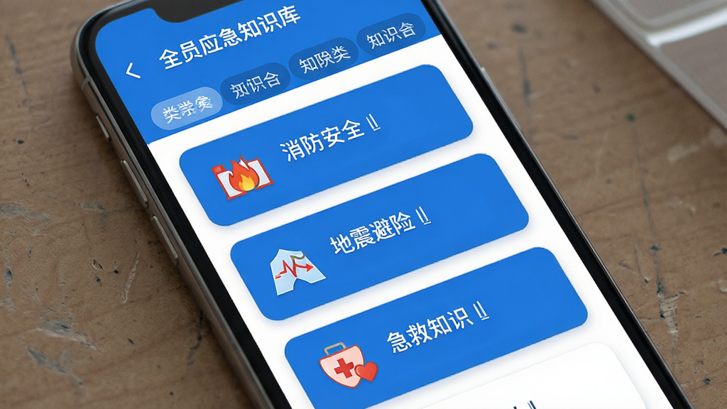 全员应急知识库界面展示,手机屏幕中显示多个分类标签和知识卡片列表,卡片上带有消防安全、地震避险、急救知识等文字标签和对应图标,界面采用蓝白配色,卡片圆角设计,排版整齐,画质高清,干净无多余元素