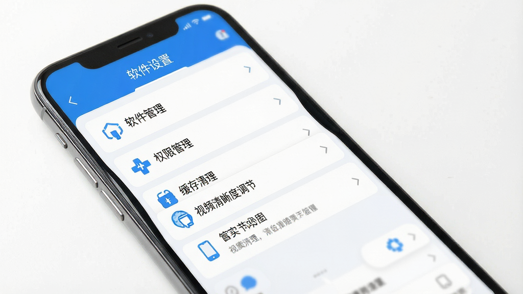全员应急新手使用指南示意图,手机屏幕展示软件设置界面,包含权限管理、缓存清理、视频清晰度调节等选项,界面简洁明了,蓝白配色,图标清晰,画质高清,干净无多余元素