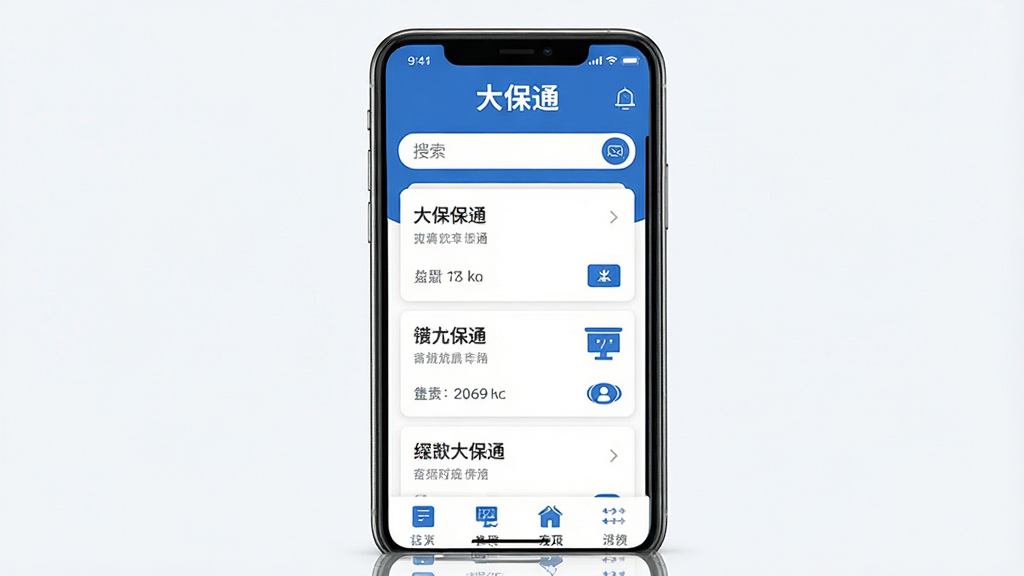 一张展示大保通App首页界面的手机屏幕截图,画面中央是简洁的保单卡片列表,顶部有“大保通”文字标识,整体采用蓝白配色,布局清晰,风格商务简洁,细节包含搜索框与功能图标,画质高清,干净无多余元素