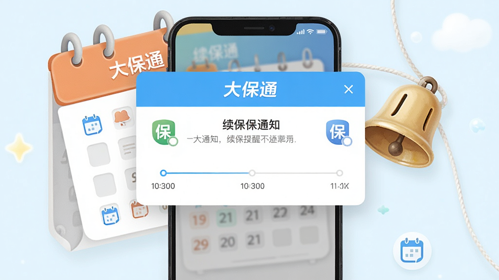 一张以日历与铃铛为核心元素的手机应用通知界面示意图,画面中带有“大保通”文字,主体为提醒弹窗展示续保通知,布局居中,风格清新明快,细节包含时间轴与保单图标,画质高清,干净无多余元素