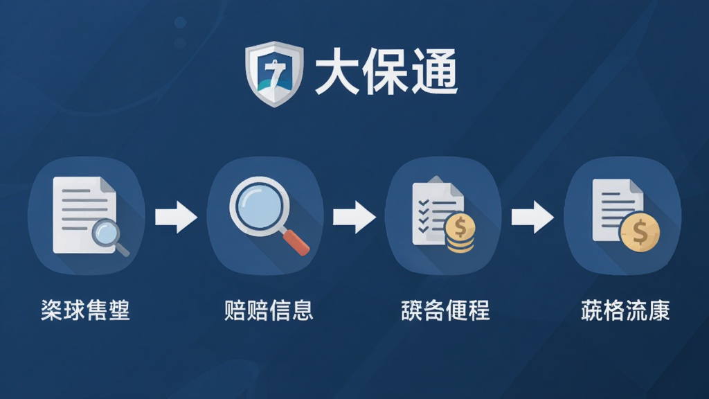 一张展示理赔流程步骤的扁平化信息图,画面中包含“大保通”标识,主体为四个步骤图标横向排列,布局简洁,风格专业商务,细节包含文档、放大镜与箭头连接线,画质清晰,干净无多余元素