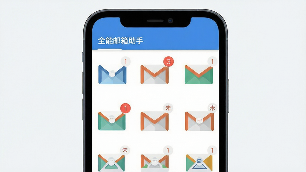 全能邮箱助手 多账户管理界面 邮箱图标排列 未读邮件角标 手机屏幕展示 扁平风格 简洁排版 高清画质 干净无杂物