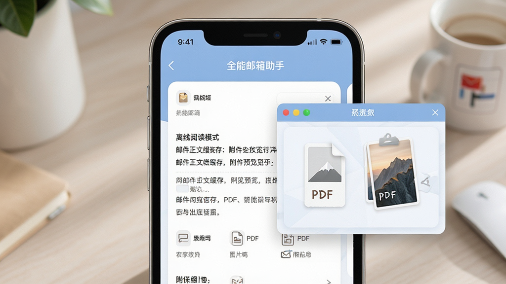 全能邮箱助手 离线阅读模式 邮件正文缓存 附件预览窗口 PDF图片文档 手机界面 柔和色调 高清画质 布局清晰