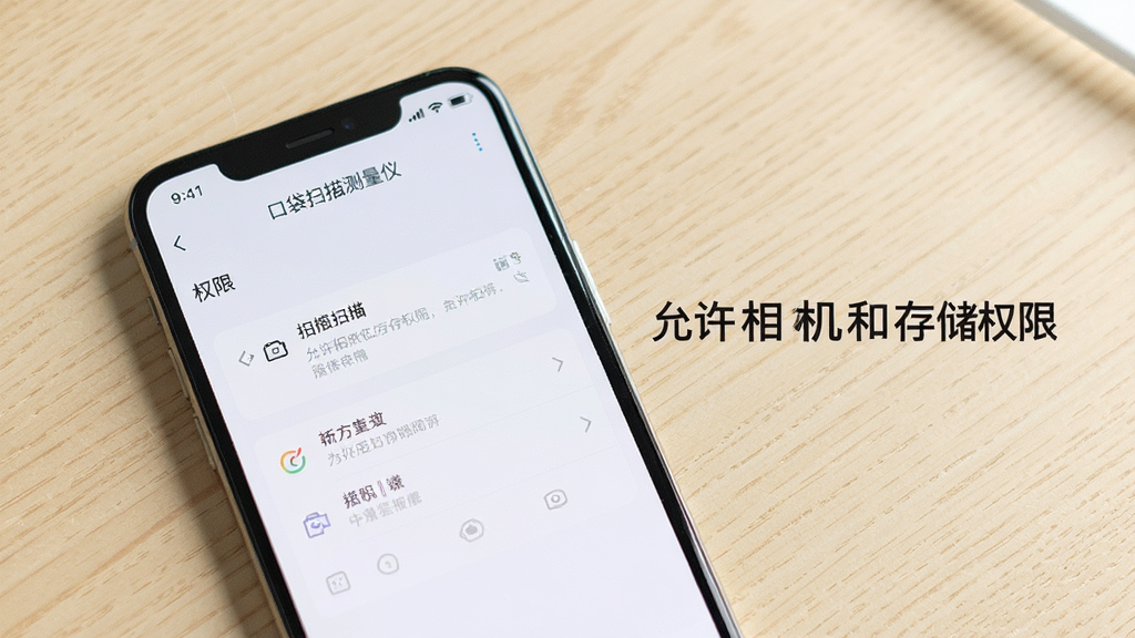 一部手机屏幕显示“口袋扫描测量仪”的权限设置界面,旁边有提示文字“允许相机和存储权限”。背景是浅色木纹桌面,风格简洁,细节清晰,画质干净,无多余元素。