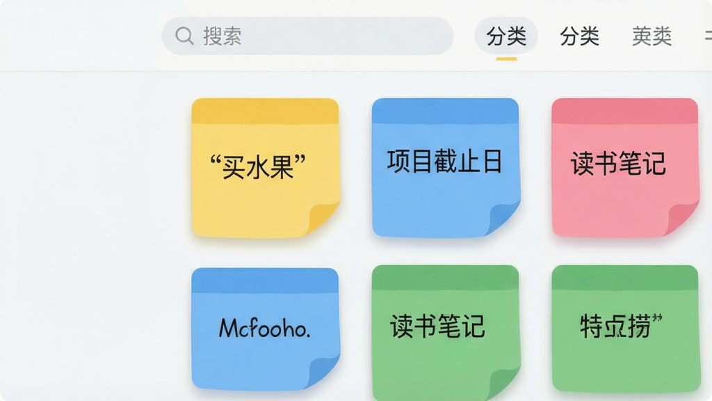一张软件内部便签列表界面的示意图,画面中展示多张彩色便签卡片整齐排列,颜色包括黄色、蓝色、粉色、绿色,每张便签上写有简短文字如“买水果”“项目截止日”“读书笔记”,卡片带有轻微圆角与阴影;背景为浅灰白色,顶部有搜索框和分类标签;风格为清爽扁平UI插画,细节包括卡片间距、柔和配色、清晰文字;画质干净,无多余元素。