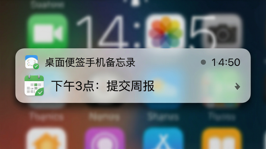 一张手机通知栏弹出提醒的界面示意图,画面中显示一条来自「桌面便签手机备忘录」的提醒通知,内容为“下午3点:提交周报”,通知卡片带有小图标与时间标记,背景是手机锁屏界面,时间显示14:55;风格为写实UI插画,细节包括通知阴影、锁屏壁纸模糊效果、清晰文字;画质干净,无多余元素。
