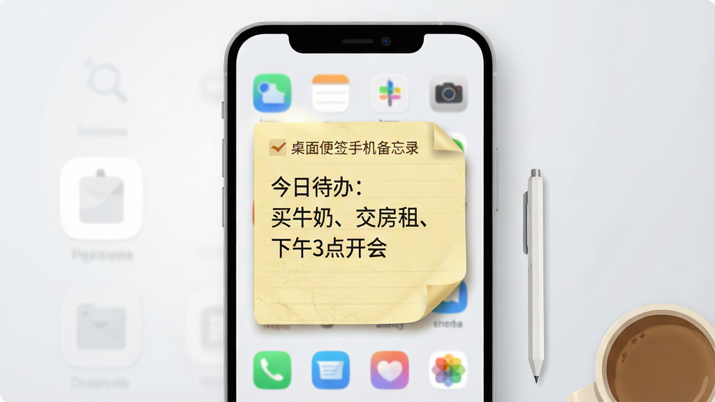 一张安卓手机主屏幕的正面展示图,画面中央放置「桌面便签手机备忘录」的桌面小组件,便签上写着“今日待办:买牛奶、交房租、下午3点开会”,便签采用淡黄色纸张质感,四角有轻微折痕,旁边配有一支简约手写笔和一杯咖啡;背景是干净浅灰渐变,手机机身呈圆角矩形,屏幕内图标排列整齐;整体风格清新简约,采用扁平化插画风,细节包括便签阴影、柔和光晕、轻微纸张纹理;画质清晰,干净,无多余元素。