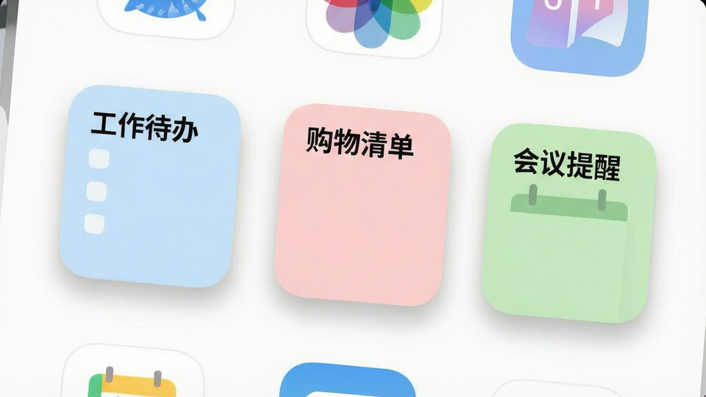 一张手机桌面特写图,画面中展示三个不同尺寸的「桌面便签手机备忘录」小组件,分别显示“工作待办”“购物清单”“会议提醒”内容,小组件采用圆角卡片设计,颜色分别为淡蓝、淡粉、淡绿;背景是简洁的白色桌面,图标排列整齐;风格为现代扁平插画,细节包括卡片阴影、柔和渐变、清晰文字排版;画质干净,无多余元素。