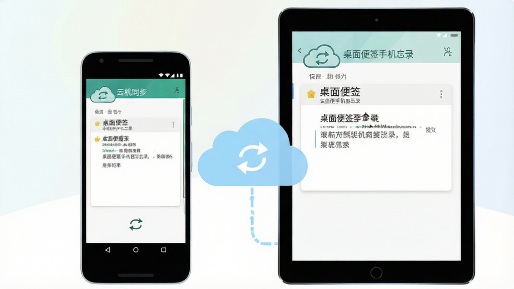 一张展示云端同步概念的示意图,画面中央是一部安卓手机与一台平板电脑并排摆放,两者屏幕上都显示「桌面便签手机备忘录」的便签内容,中间用一条淡蓝色云朵连接线表示同步;背景为简洁浅色渐变,风格为科技感扁平插画,细节包括云朵图标、同步箭头、设备轮廓;画质干净,无多余元素。