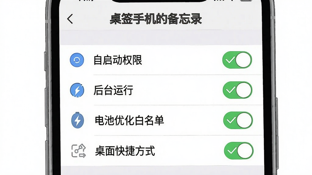一张手机屏幕截图风格的示意图,画面展示「桌面便签手机备忘录」的设置界面,包含“自启动权限”“后台运行”“电池优化白名单”“桌面快捷方式”等选项,部分选项旁有绿色对勾标记;背景为浅色设置列表,风格为清晰UI插画,细节包括图标、文字排版、开关按钮;画质干净,无多余元素。