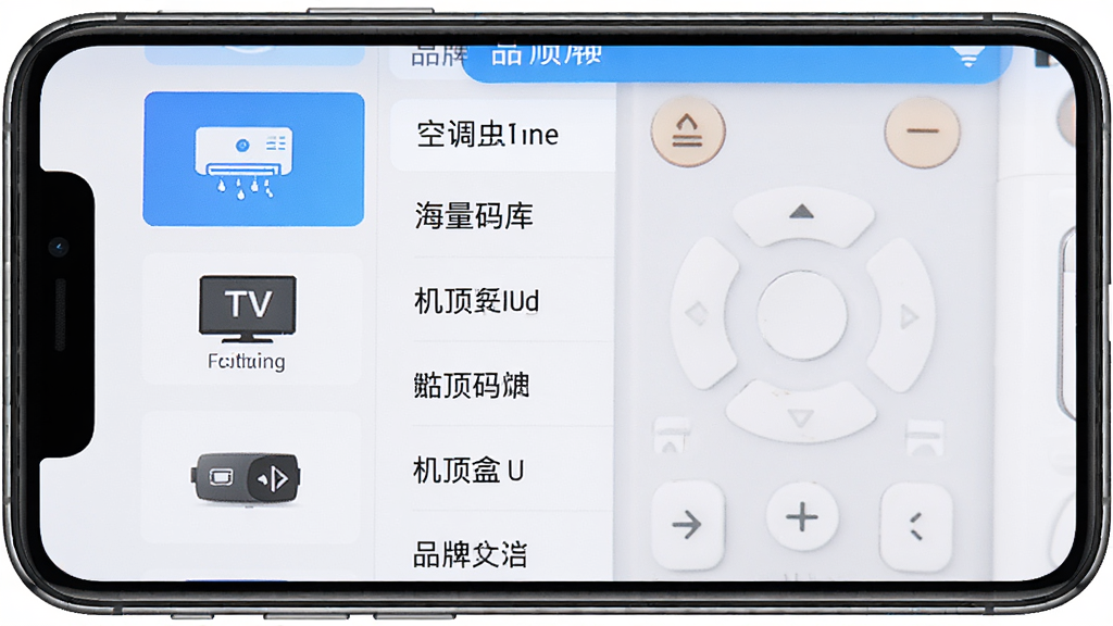 一张展示红外遥控器控海量码库的界面截图,画面中手机屏幕显示着品牌选择列表,左侧是空调、电视、机顶盒等分类图标,右侧是具体的品牌名称列表,界面风格清爽,配色以蓝白为主,画质清晰,干净,无多余元素