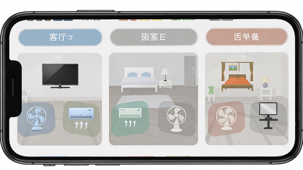 一张红外遥控器控多设备管理界面的手机截图,屏幕上显示着客厅、卧室、书房等房间标签,每个房间下面有电视、空调、风扇等设备图标,界面布局清晰,风格简约,画质清晰,干净,无多余元素