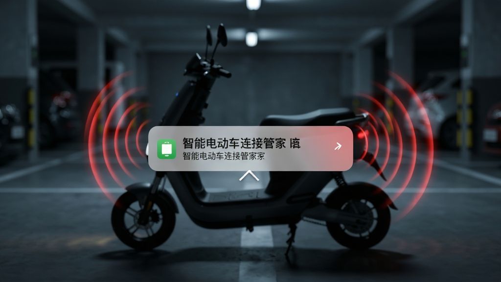 手机屏幕弹出“智能电动车连接管家”报警通知,背景为夜晚停车场,电动车轮廓旁有红色震动波纹,布局为手机特写加场景虚化,风格为写实科技风,细节有通知弹窗和震动线条,画质高清,干净,无多余元素