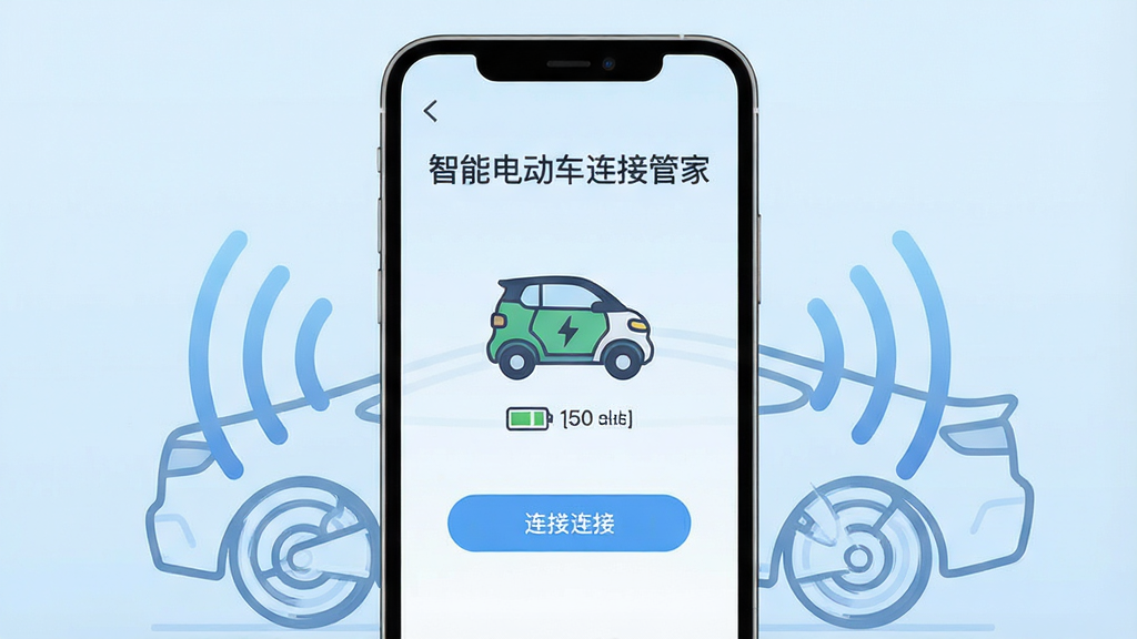 画面中央放置一部智能手机,屏幕显示“智能电动车连接管家”应用界面,界面中有电动车图标与连接按钮,背景为简洁的浅蓝色渐变,周围环绕电动车轮廓线条与信号波纹,布局采用居中对称排版,风格为扁平化科技插画,细节包含清晰的按钮图标和电量指示,画质高清,干净,无多余元素