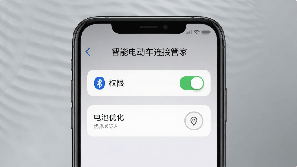 手机屏幕显示“智能电动车连接管家”设置界面,界面中有权限开关和电池优化选项,背景为简洁灰色渐变,布局为手机正面特写,风格为扁平化UI展示,细节包含蓝牙图标和定位图标,画质清晰,干净,无多余元素