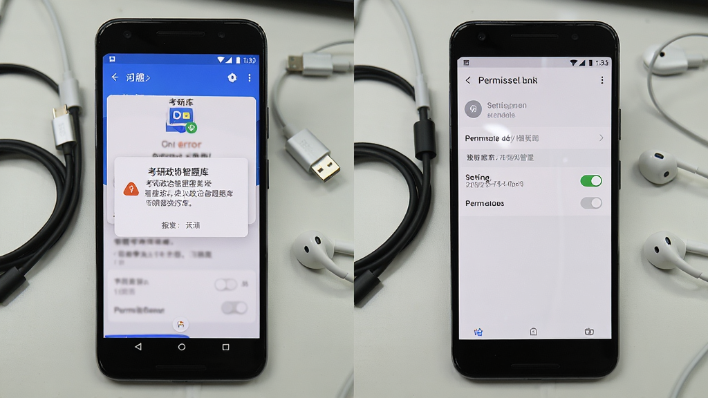 画面展示一部安卓手机屏幕出现考研政治智题库App的报错提示弹窗,旁边有另一部手机显示设置中的权限管理页面,桌面上散落着数据线和耳机,布局采用左右对比构图,风格为问题解决教程风,细节包括报错文字清晰可辨、权限开关处于开启状态、桌面有轻微反光,画质为高清4K、干净无多余元素