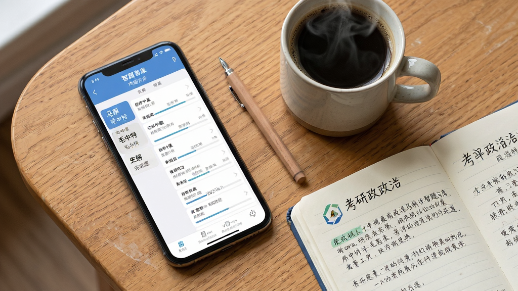 画面展示考研政治智题库App内部章节列表页面,屏幕左侧显示马原、毛中特、史纲等模块分类,右侧显示对应章节的题目数量和完成进度,手机放置在木质桌面上,旁边有一杯咖啡和一本翻开的考研政治笔记,布局采用斜45度俯视角度,风格为清新学习场景风,细节包括手机界面文字清晰、咖啡杯有热气、笔记有手写标注,画质为高清4K、干净无多余元素