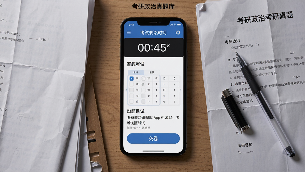 画面展示考研政治智题库App的模拟考试界面,手机屏幕显示倒计时、答题卡和当前题目,屏幕上方有考试剩余时间,下方有交卷按钮,手机平放在书桌上,旁边有考研政治真题试卷和一支签字笔,布局采用正面俯拍角度,风格为严肃考场氛围风,细节包括屏幕数字清晰、试卷有翻折痕迹、笔帽打开,画质为高清4K、干净无多余元素
