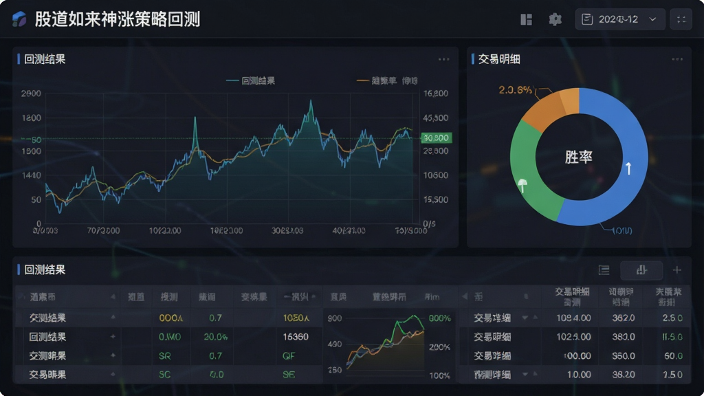 一张展示数据回测报告界面的图片,界面标题为“股道如来神涨策略回测”,包含折线图、胜率圆环图与交易明细表格,布局采用仪表盘式排版,风格专业数据分析风,细节有“回测结果”字样与日期选择器,画质精细,干净无多余装饰