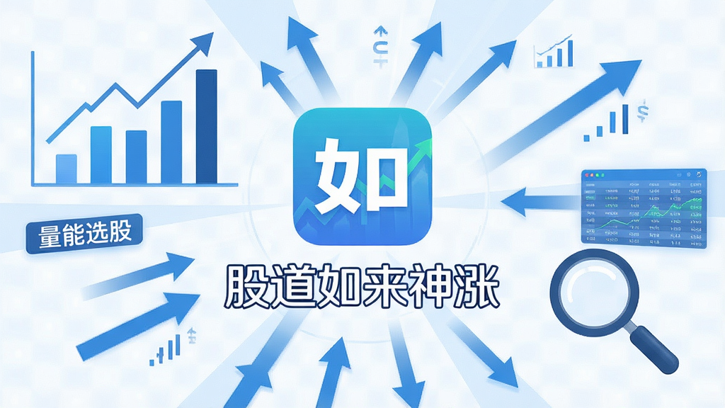 一幅AI生成的金融科技场景图,画面中央是股道如来神涨的软件图标与名称文字,周围环绕着柱状图、资金流向箭头和放大镜元素,布局采用中心放射状,排版简洁,风格为扁平化商务蓝,细节包含“量能选股”字样与数据网格,画质锐利,干净无杂乱背景