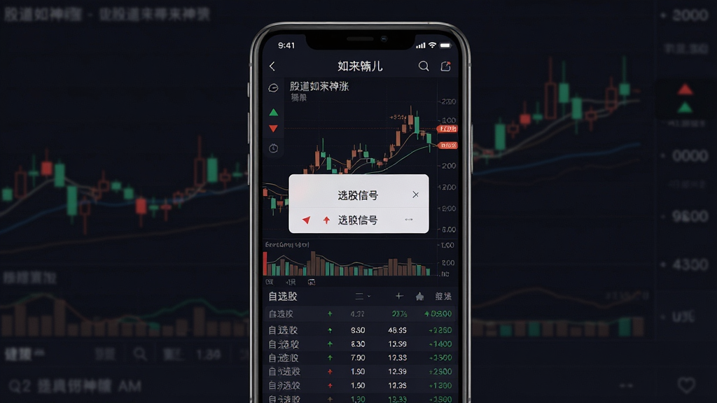 一张展示智能手机屏幕的图片,屏幕中显示股道如来神涨软件界面,界面包含K线图、选股信号弹窗与自选股列表,背景为深色金融风格,布局居中,排版清晰,风格现代科技感,细节包括红绿涨跌箭头与数据表格,画质高清,干净无多余元素
