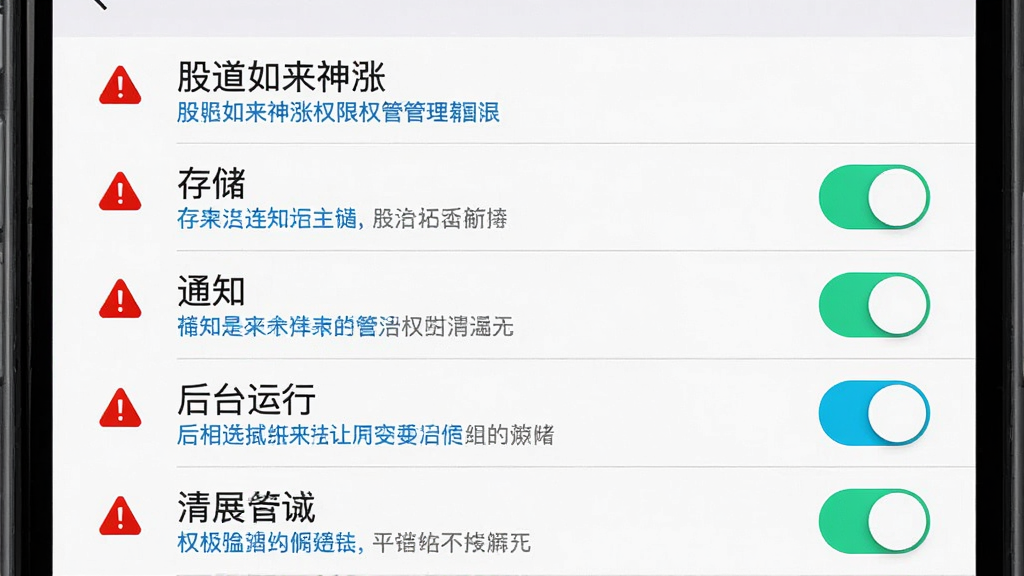 一张展示手机设置界面的图片,界面中标注了“股道如来神涨”的权限管理选项,包括存储、通知、后台运行等开关,布局为垂直列表,排版清晰,风格系统原生设置风,细节有红色警示图标与蓝色提示文字,画质高清,干净无杂乱元素