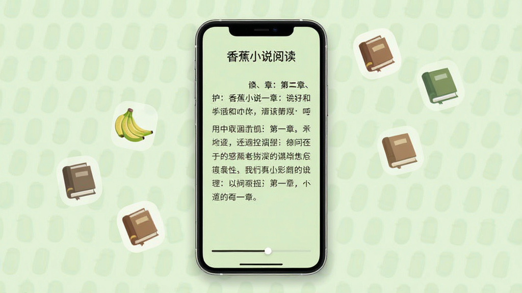 一张展示香蕉小说阅读界面的图片,画面中央是一部智能手机,屏幕上显示着小说阅读页面,文字排版整齐,背景为护眼淡绿色,页面顶部有章节标题,底部有进度条,手机旁边散落着几本小书的图标,整体布局干净有序,风格为简约阅读类UI设计,细节包括清晰的字体和舒适的排版,画质高清,干净无多余元素