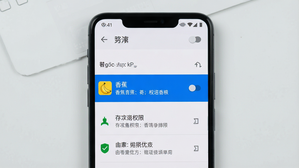 一张展示手机应用权限设置界面的图片,画面中央是一部智能手机,屏幕上显示着应用管理页面,列表中“香蕉”应用被高亮选中,下方显示存储权限和电池优化选项,界面风格为安卓系统原生设置界面,背景为浅灰色,布局清晰,细节包括权限开关按钮和文字说明,画质高清,干净无多余元素