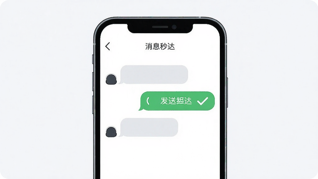触说 消息秒达 展示手机屏幕上的聊天对话框 带有发送成功对勾图标 主体在画面中央 布局对称 排版简约 扁平插画风格 细节清晰 画质高清 干净 无多余元素