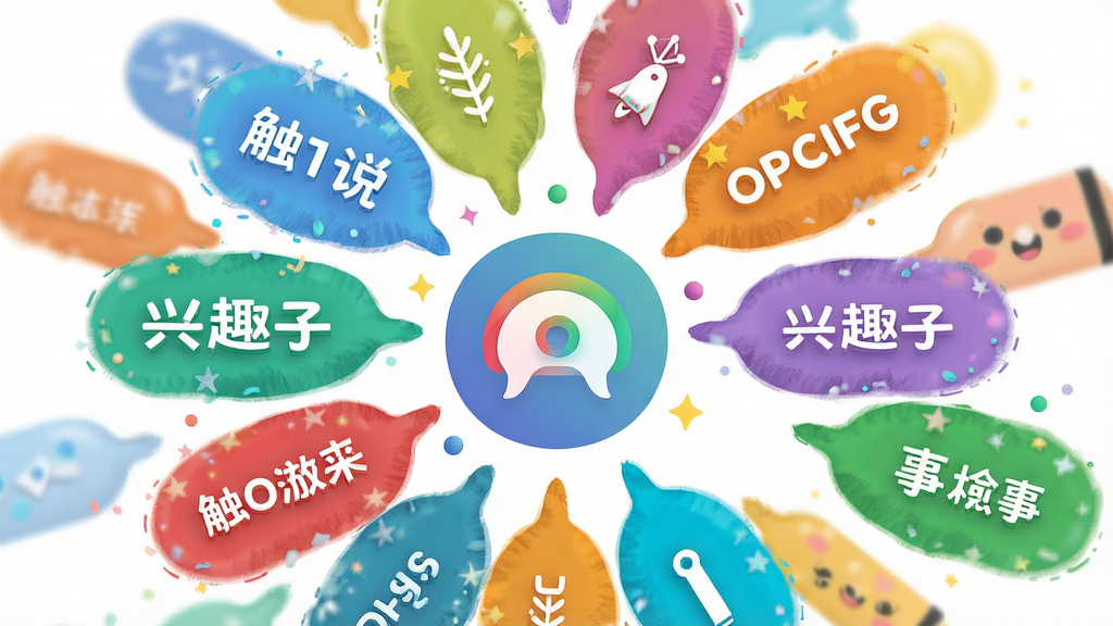 触说 兴趣圈子 展示多个彩色标签气泡围绕中心图标 布局放射状 排版活泼 风格清新明快 细节丰富 画质高清 干净 无多余元素