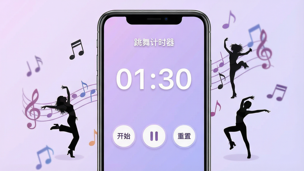 一张展示手机屏幕的图片,屏幕中央显示“跳舞计时器”应用界面,界面顶部有醒目的计时数字“01:30”,下方有开始、暂停、重置三个圆形按钮,背景为柔和的浅紫色渐变,手机周围环绕着音符和舞者剪影的装饰元素,整体风格简洁明快,画质清晰,干净无多余元素