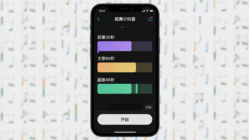 一张展示手机应用界面的图片,画面中“跳舞计时器”应用正在运行,屏幕显示多个彩色时间条,分别标注“前奏30秒”“主歌60秒”“副歌45秒”,每个时间条颜色不同,界面底部有开始按钮,背景为深色模式,整体排版清晰,风格现代,画质干净,无多余元素