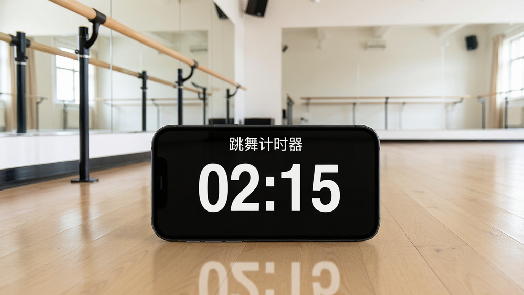 一张展示手机放置在舞蹈室地板上的图片,屏幕显示“跳舞计时器”横屏界面,大号数字“02:15”清晰可见,旁边有舞蹈把杆和镜子,环境明亮整洁,风格写实,画质清晰,干净无多余元素