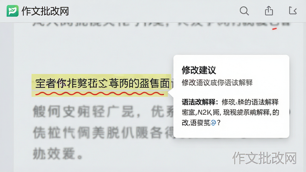 一张特写镜头,展示作文批改网软件界面中一段被高亮标注的文字,红色波浪线标出错误,旁边弹出白色卡片显示修改建议和语法解释。界面风格简洁,背景为浅灰色。画面中清晰可见