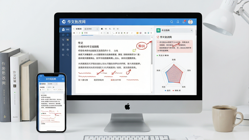 一张展示作文批改网软件界面的全景图,画面中央是电脑屏幕与手机屏幕并排展示,屏幕上显示着作文编辑框与右侧的红色批注、评分雷达图。背景是整洁的书桌,桌上有几本书和一杯咖啡。风格为现代科技感与教育氛围结合,细节包括屏幕上的