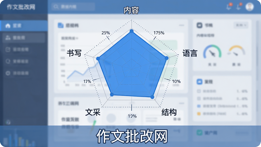 一张信息图表风格的插图,展示作文批改网生成的写作能力雷达图,五个维度分别为内容、结构、语言、文采、书写,雷达图用蓝色填充,背景是虚拟的数据面板。图表下方有