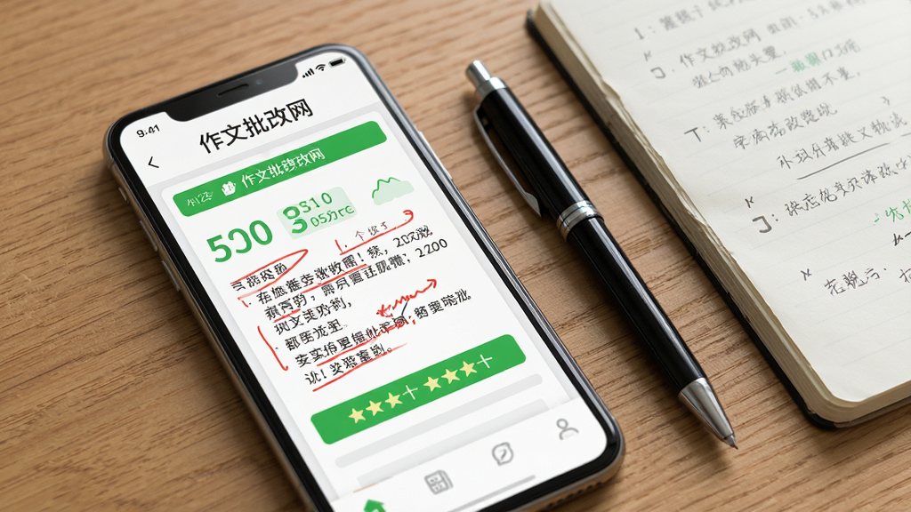 一张展示手机屏幕的图片,屏幕上是作文批改网的移动端界面,显示着批改报告页面,有红色批注和绿色评分。手机旁边放着一支笔和一本笔记本。背景是木质桌面。风格写实,细节清晰可见屏幕上的